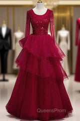 Burgundy Tulle Long Sleeve Beading Evening Prom Dress