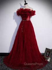 Burgundy Tulle Off Shoulder Long Evening Prom Dress, Burgundy Evening Dress