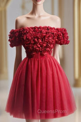 Burgundy Tulle Off the Shoulder 3D Flower Homecoming Dress