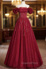Burgundy Tulle Off the Shoulder Beading Pleats Evening Prom Dress