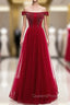 Burgundy Tulle Off the Shoulder Beading Evening Prom Dress