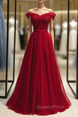 Burgundy Tulle Off the Shoulder Beading Evening Prom Dress