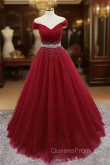Burgundy Tulle Off the Shoulder Pleats Beading Evening Prom Dress