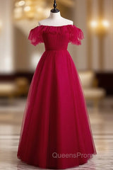 Burgundy Tulle Off the Shoulder Pleats Evening Prom Dress