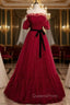 Burgundy Tulle Off the Shoulder Pleats Puff Sleeve Evening Prom Dress