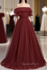 Burgundy Tulle Off the Shoulder Evening Prom Dress, Long A-Line Evening Dress