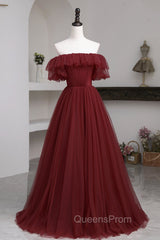 Burgundy Tulle Off the Shoulder Evening Prom Dress, Long A-Line Evening Dress