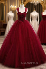 Burgundy Tulle Pleats Besing Sequins Evening Prom Dress