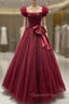 Burgundy Tulle Pleats Evening Prom Dress
