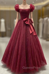 Burgundy Tulle Pleats Evening Prom Dress