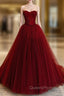 Burgundy Tulle Evening Prom Dress Strapless Beading Fromal Dress