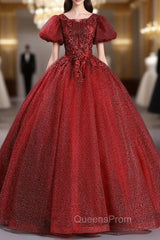 Burgundy Tulle Puff Sleeve Appliques Beadng Quinceanera Dress