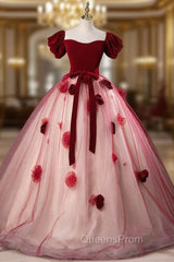 Burgundy Tulle Puff Sleeve Off the Shoulder Quinceanera Dress