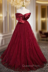 Burgundy Tulle Satin Off the Shoulder Evening Prom Dress