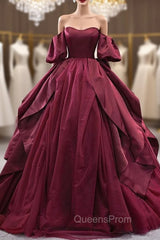 Burgundy Tulle Satin Puff Sleeve Evening Prom Dress