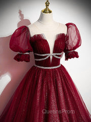 Burgundy Tulle Sequin Long Evening Prom Dress, Burgundy Evening Dress