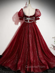 Burgundy Tulle Sequin Long Evening Prom Dress, Burgundy Evening Dress