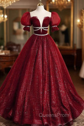 Burgundy Tulle Sequin Long Evening Prom Dress, Burgundy Evening Dress