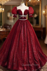 Burgundy Tulle Sequin Long Evening Prom Dress, Burgundy Evening Dress