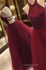 Burgundy Tulle Sequin Long Evening Prom Dress, Cute Evening Dress For Teens