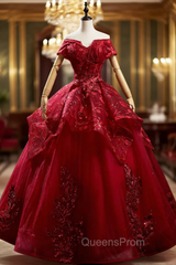 Burgundy Tulle Sequins Appliques Beading Quinceanera Dress