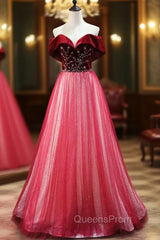 Burgundy Tulle Sequins Bead Off the Shoulder Evening Prom Dress