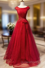 Burgundy Tulle Sequins Cap Sleeve Pleats Evening Prom Dress