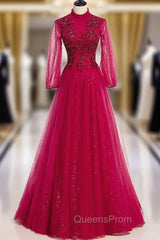 Burgundy Tulle Sequins Long Sleeve High Neck Beading Evening Prom Dress