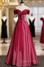 Burgundy Tulle Sequins Off the Shoulder Beading Pleats Evening Prom Dress