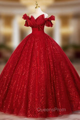 Burgundy Tulle Sequins Off the Shoulder Beading Quinceanera Dress