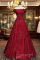 Burgundy Tulle Sequins Off the Shoulder Pleats Evening Prom Dress