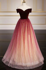 Burgundy Tulle Sequins Off the Shoulder Evening Prom Dress