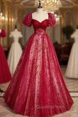 Burgundy Tulle Sequins Puff Sleeve Evening Prom Dress