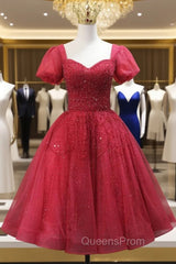 Burgundy Tulle Sequins Short Sleeve Beading Homecoming Dress