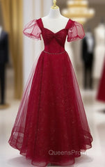 Burgundy Tulle Sequins Square Beading Evening Prom Dress