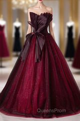 Burgundy Tulle Sequins Strapless Pleats Evening Prom Dress