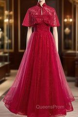 Burgundy Tulle Sequins Strapless Evening Prom Dress With Shawl
