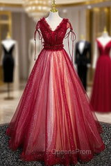 Burgundy Tulle Sequins V-neck Beading Evening Prom Dress