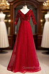 Burgundy Tulle Sequins V-neck Short Sleeve Evening Prom Dress