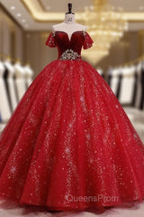 Burgundy Tulle Sequins Velvet Off the Shoulder Quinceanera Dress
