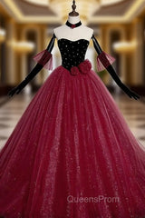 Burgundy Tulle Sequins Velvet Strapless Evening Prom Dress
