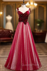 Burgundy Tulle Sequins Velvet V-neck Beading Evening Prom Dress