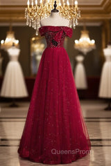 Burgundy Tulle Seuqins Beading Off the Shoulder Evening Prom Dress