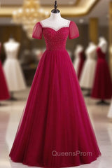 Burgundy Tulle Short Sleeve Scoop Neck Evening Prom Dress