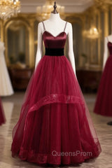 Burgundy Tulle Spaghetti Straps Backless Evening Prom Dress