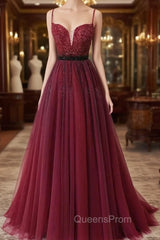 Burgundy Tulle Spaghetti Straps Beaded Evening Prom Dress