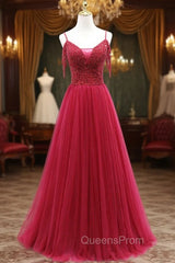 Burgundy Tulle Spaghetti Straps Beading Evening Prom Dresss