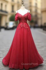 Burgundy Tulle Spaghetti Straps Lace Beading Evening Prom Dress
