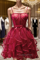 Burgundy Tulle Spaghetti Straps Pearls Homecoming Dress