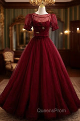 Burgundy Tulle Spaghetti Straps Evening Prom Dress With Detachable Top